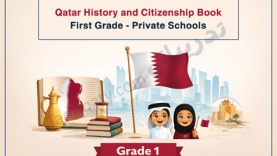Illustrated cover for the Qatar History and Citizenship book for Grade 1 in private schools, featuring the Qatari flag, traditional cultural symbols, books, and smiling children representing national identity and citizenship.