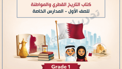 تصميم تعريفي لكتاب التاريخ القطري والمواطنة للصف الأول في المدارس الخاصة، يوضح رموز الهوية الوطنية القطرية مثل العلم القطري والمعالم التراثية والشخصيات الطلابية.