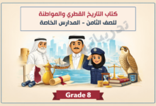 تصميم تعريفي لكتاب التاريخ القطري والمواطنة للصف الثامن في المدارس الخاصة، يوضح محطات من التاريخ الوطني والهوية القطرية وقيم المواطنة من خلال رموز تراثية وثقافية ووطنية.