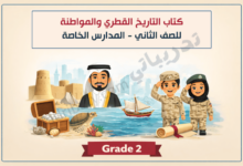 تصميم تعريفي لكتاب التاريخ القطري والمواطنة للصف الثاني في المدارس الخاصة، يوضح رموز التراث والهوية الوطنية القطرية مثل المعالم التاريخية والمهن التقليدية والشخصيات الوطنية.