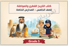 تصميم تعريفي لكتاب التاريخ القطري والمواطنة للصف الخامس في المدارس الخاصة، يبرز رموز الهوية الوطنية القطرية والتراث والتاريخ وقيم المواطنة من خلال شخصيات ومعالم وطنية.