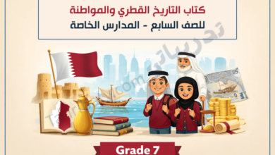 تصميم تعريفي لكتاب التاريخ القطري والمواطنة للصف السابع في المدارس الخاصة، يبرز تطور التاريخ القطري وقيم المواطنة والهوية الوطنية من خلال رموز تراثية واقتصادية وتعليمية.