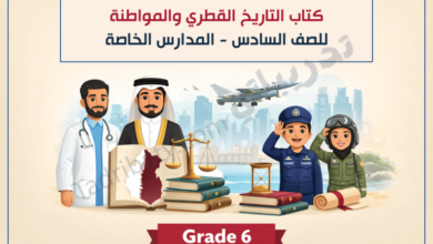 تصميم تعريفي لكتاب التاريخ القطري والمواطنة للصف السادس في المدارس الخاصة، يوضح رموز التاريخ الوطني والهوية القطرية والمواطنة من خلال شخصيات مهنية ومعالم وطنية.