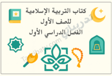 تصميم تعريفي لمقال كتاب التربية الإسلامية للصف الأول الفصل الدراسي الأول – المنهج القطري، مع رموز وزخارف إسلامية تعليمية.