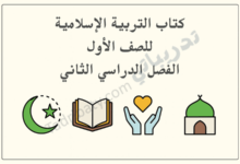 تصميم تعريفي لمقال كتاب التربية الإسلامية للصف الأول الفصل الدراسي الثاني – المنهج القطري، مع رموز إسلامية تعليمية.