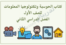 تصميم تعريفي لمقال كتاب الحوسبة وتكنولوجيا المعلومات للصف الأول الفصل الدراسي الثاني – المنهج القطري، مع رموز تعليمية للتقنية الرقمية والوسائط والتعلم الإلكتروني.