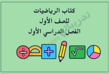 تصميم تعريفي لمقال كتاب الرياضيات للصف الأول الفصل الدراسي الأول – المنهج القطري، مع رموز تعليمية للعمليات الحسابية والأدوات المدرسية.
