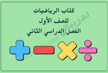 تصميم تعريفي لمقال كتاب الرياضيات للصف الأول الفصل الدراسي الثاني – المنهج القطري، مع رموز العمليات الحسابية الأساسية.