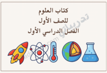 تصميم تعريفي لمقال كتاب العلوم للصف الأول الفصل الدراسي الأول – المنهج القطري، مع رموز تعليمية للعلوم مثل الذرة وميزان الحرارة والأرض والتجارب العلمية.