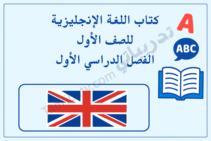 تصميم تعريفي لمقال كتاب اللغة الإنجليزية للصف الأول الفصل الدراسي الأول – المنهج القطري، مع رموز تعليمية لتعلم الحروف والقراءة باللغة الإنجليزية.