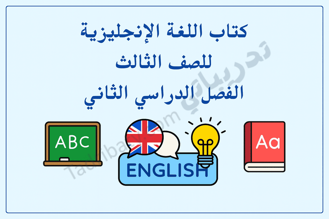 تصميم تعريفي لمقال كتاب اللغة الإنجليزية للصف الثالث الفصل الدراسي الثاني – المنهج القطري، مع رموز تعليمية لتعلم المفردات والقراءة والكتابة باللغة الإنجليزية.