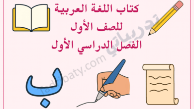 تصميم تعريفي لمقال كتاب اللغة العربية للصف الأول الفصل الدراسي الأول – المنهج القطري، مع رموز تعليمية للقراءة والكتابة والحروف العربية.