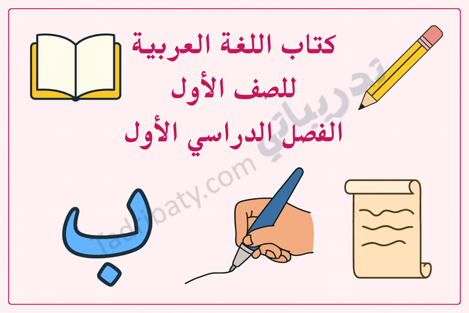 تصميم تعريفي لمقال كتاب اللغة العربية للصف الأول الفصل الدراسي الأول – المنهج القطري، مع رموز تعليمية للقراءة والكتابة والحروف العربية.
