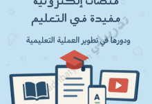 تصميم تعريفي لمقال منصات إلكترونية مفيدة في التعليم ودورها في تطوير العملية التعليمية، مع رموز تعليمية للتعلم الرقمي والمحتوى الإلكتروني.