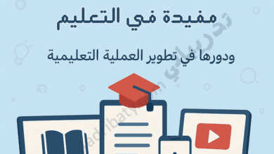 تصميم تعريفي لمقال منصات إلكترونية مفيدة في التعليم ودورها في تطوير العملية التعليمية، مع رموز تعليمية للتعلم الرقمي والمحتوى الإلكتروني.