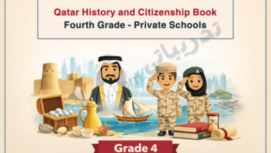 Illustrated cover for the Qatar History and Citizenship book for Grade 4 in private schools, showing Qatari heritage elements such as a traditional fort, dhow boat, pearl chest, books, cultural artifacts, and children in uniform symbolizing national identity and citizenship.