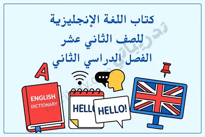 تصميم تعريفي لمقال كتاب اللغة الإنجليزية للصف الثاني عشر الفصل الدراسي الثاني – المنهج القطري، مع رموز تعليمية لتعلم المفردات والقواميس والتواصل باللغة الإنجليزية.