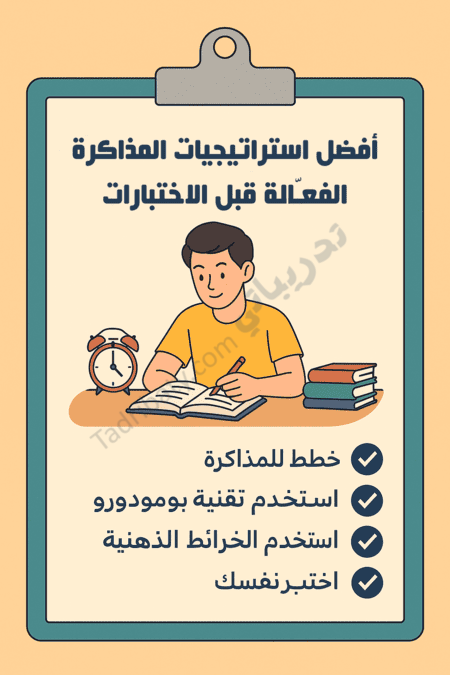 تصميم تعريفي لمقال أفضل استراتيجيات المذاكرة الفعّالة قبل الاختبارات، يوضح طالبًا يذاكر مع خطة منظمة ونصائح لتحسين التركيز والاستعداد للاختبارات.