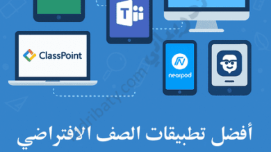 تصميم تعريفي لمقال أفضل تطبيقات الصف الافتراضي وكيفية توظيفها في التدريس، مع رموز لمنصات التعليم الإلكتروني وتطبيقات الفصول الافتراضية.