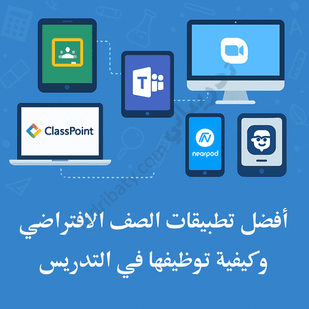 تصميم تعريفي لمقال أفضل تطبيقات الصف الافتراضي وكيفية توظيفها في التدريس، مع رموز لمنصات التعليم الإلكتروني وتطبيقات الفصول الافتراضية.