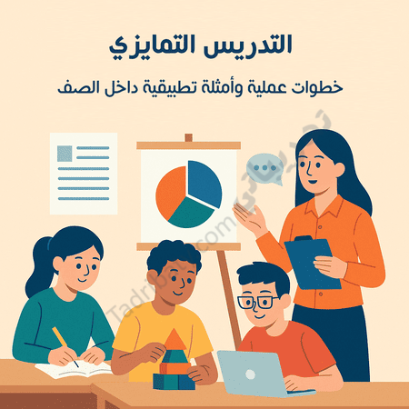 تصميم تعريفي لمقال التدريس التمايزي وخطواته العملية داخل الصف، يوضح دور المعلم في توظيف أنشطة متنوعة تناسب الفروق الفردية بين الطلاب.