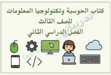 تصميم تعريفي لمقال كتاب الحوسبة وتكنولوجيا المعلومات للصف الثالث الفصل الدراسي الثاني – المنهج القطري، مع رموز تعليمية لاستخدام الحاسوب والبرمجة والتقنية الرقمية.