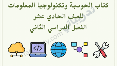 تصميم تعريفي لمقال كتاب الحوسبة وتكنولوجيا المعلومات للصف الحادي عشر الفصل الدراسي الثاني – المنهج القطري، مع رموز تعليمية للحوسبة السحابية والبرمجة والإنترنت والتقنية الرقمية.