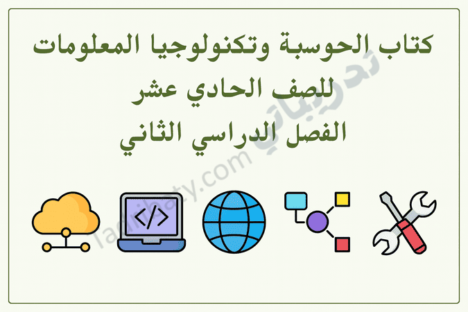 تصميم تعريفي لمقال كتاب الحوسبة وتكنولوجيا المعلومات للصف الحادي عشر الفصل الدراسي الثاني – المنهج القطري، مع رموز تعليمية للحوسبة السحابية والبرمجة والإنترنت والتقنية الرقمية.