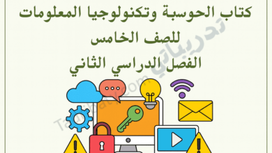 تصميم تعريفي لمقال كتاب الحوسبة وتكنولوجيا المعلومات للصف الخامس الفصل الدراسي الثاني – المنهج القطري، مع رموز تعليمية للأمن الرقمي والإنترنت والتواصل الإلكتروني واستخدام التقنية.