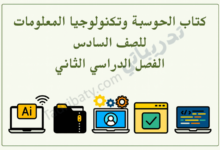 تصميم تعريفي لمقال كتاب الحوسبة وتكنولوجيا المعلومات للصف السادس الفصل الدراسي الثاني – المنهج القطري، مع رموز تعليمية للحوسبة والبرمجة والذكاء الاصطناعي واستخدام التطبيقات الرقمية.