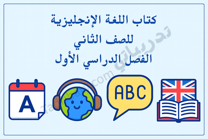 تصميم تعريفي لمقال كتاب اللغة الإنجليزية للصف الثاني الفصل الدراسي الأول – المنهج القطري، مع رموز تعليمية لتعلم الحروف والقراءة والاستماع باللغة الإنجليزية.