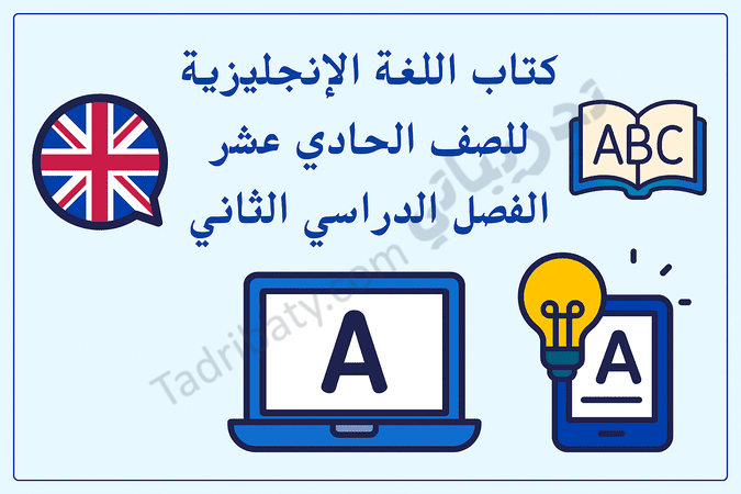تصميم تعريفي لمقال كتاب اللغة الإنجليزية للصف الحادي عشر الفصل الدراسي الثاني – المنهج القطري، مع رموز تعليمية لتعلم المفردات والقراءة والمهارات اللغوية باللغة الإنجليزية.