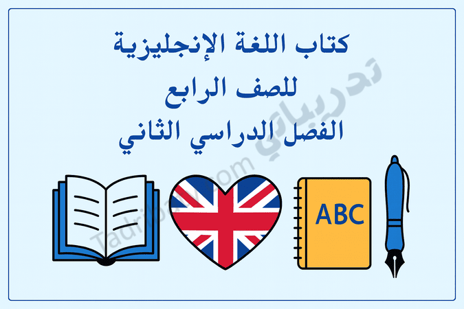 تصميم تعريفي لمقال كتاب اللغة الإنجليزية للصف الرابع الفصل الدراسي الثاني – المنهج القطري، مع رموز تعليمية لتنمية مهارات القراءة والكتابة والمفردات باللغة الإنجليزية.