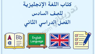 تصميم تعريفي لمقال كتاب اللغة الإنجليزية للصف السادس الفصل الدراسي الثاني – المنهج القطري، مع رموز تعليمية لتعلم اللغة الإنجليزية وتنمية مهارات القراءة والكتابة والتقويم.