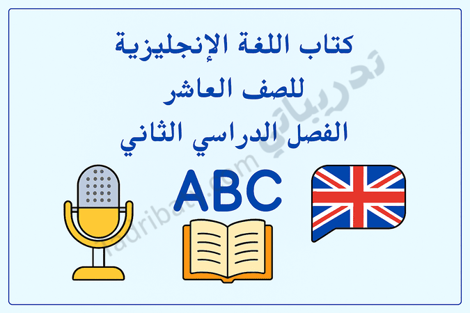 تصميم تعريفي لمقال كتاب اللغة الإنجليزية للصف العاشر الفصل الدراسي الثاني – المنهج القطري، مع رموز تعليمية لتنمية مهارات الاستماع والقراءة والمفردات باللغة الإنجليزية.