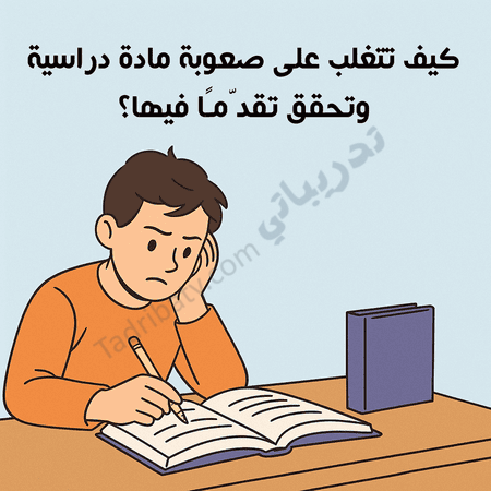 تصميم تعريفي لمقال كيف تتغلب على صعوبة مادة دراسية وتحقق تقدّمًا فيها، يوضح طالبًا يذاكر ويواجه تحديات التعلم مع التركيز والمثابرة.