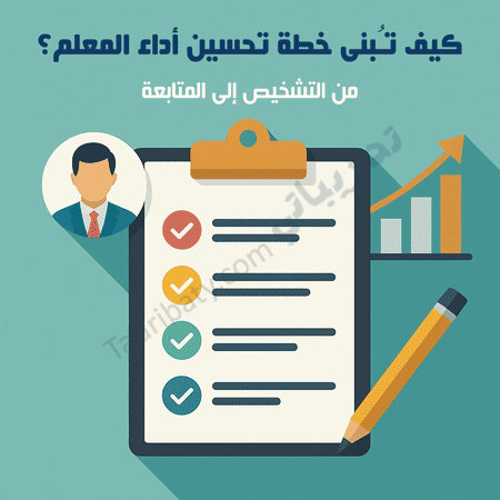 تصميم تعريفي لمقال كيف تُبنى خطة تحسين أداء المعلم من التشخيص إلى المتابعة، يوضح عناصر التقييم والمتابعة والتطوير المهني للمعلم.