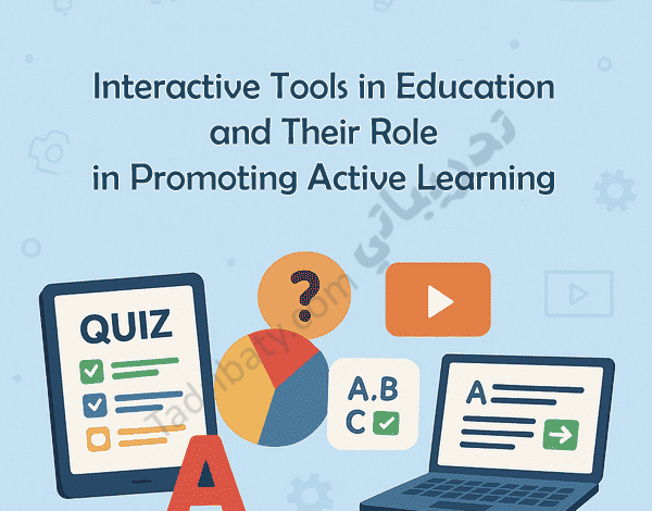 Introductory design for an article on interactive tools in education and their role in promoting active learning, featuring icons for quizzes, video content, and digital learning activities.