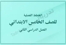 غلاف الخطط الفصلية للصف الخامس الابتدائي للفصل الدراسي الثاني وفق المنهج القطري، بتصميم بسيط وخلفية بلون أخضر فاتح مع عنوان واضح يوضح المرحلة والفصل الدراسي.