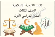 تصميم تعريفي لمقال كتاب التربية الإسلامية للصف الثالث الفصل الدراسي الأول – المنهج القطري، مع رموز تعليمية للقيم الإسلامية والقرآن الكريم والعبادات.