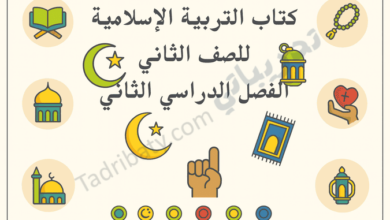 تصميم تعريفي لمقال كتاب التربية الإسلامية للصف الثاني الفصل الدراسي الثاني – المنهج القطري، مع رموز إسلامية تعليمية تمثل العبادات والقيم الدينية.