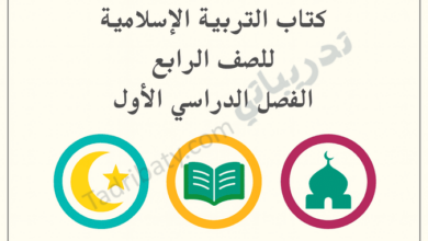 تصميم تعريفي لمقال كتاب التربية الإسلامية للصف الرابع الفصل الدراسي الأول – المنهج القطري، مع رموز تعليمية للقيم الإسلامية والقرآن الكريم والعبادات.
