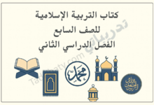 تصميم تعريفي لمقال كتاب التربية الإسلامية للصف السابع الفصل الدراسي الثاني – المنهج القطري، مع رموز إسلامية تعليمية تمثل القرآن الكريم والسيرة النبوية والعبادات والقيم الإسلامية.