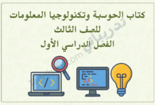 تصميم تعريفي لمقال كتاب الحوسبة وتكنولوجيا المعلومات للصف الثالث الفصل الدراسي الأول – المنهج القطري، مع رموز تعليمية للبرمجة والحاسوب والتفكير الرقمي.