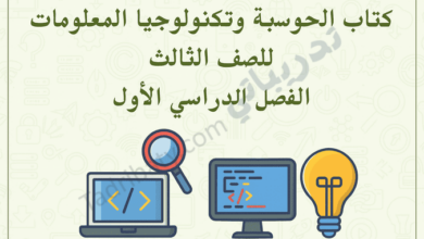 تصميم تعريفي لمقال كتاب الحوسبة وتكنولوجيا المعلومات للصف الثالث الفصل الدراسي الأول – المنهج القطري، مع رموز تعليمية للبرمجة والحاسوب والتفكير الرقمي.