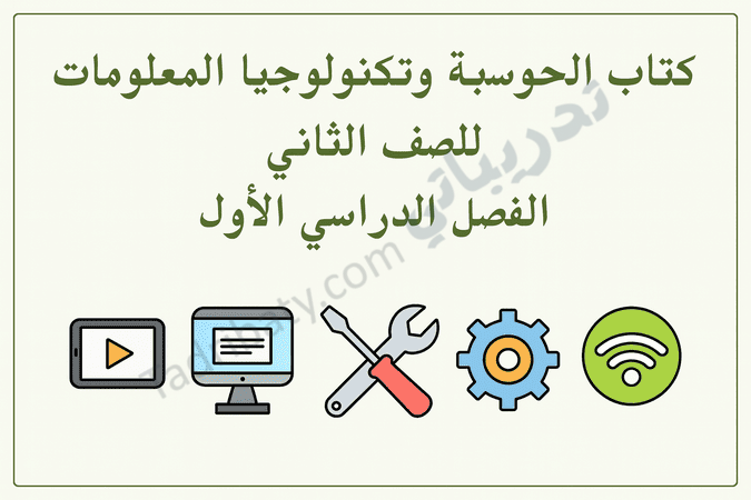 تصميم تعريفي لمقال كتاب الحوسبة وتكنولوجيا المعلومات للصف الثاني الفصل الدراسي الأول – المنهج القطري، مع رموز تعليمية لاستخدام الحاسوب والبرمجيات والتقنية الرقمية.