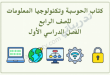 تصميم تعريفي لمقال كتاب الحوسبة وتكنولوجيا المعلومات للصف الرابع الفصل الدراسي الأول – المنهج القطري، مع رموز تعليمية للحاسوب والإنترنت والشبكات والأمن الرقمي.