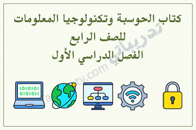تصميم تعريفي لمقال كتاب الحوسبة وتكنولوجيا المعلومات للصف الرابع الفصل الدراسي الأول – المنهج القطري، مع رموز تعليمية للحاسوب والإنترنت والشبكات والأمن الرقمي.
