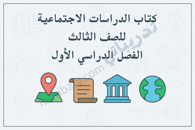 تصميم تعريفي لمقال كتاب الدراسات الاجتماعية للصف الثالث الفصل الدراسي الأول – المنهج القطري، مع رموز تعليمية للموقع الجغرافي والمجتمع والتاريخ والبيئة.