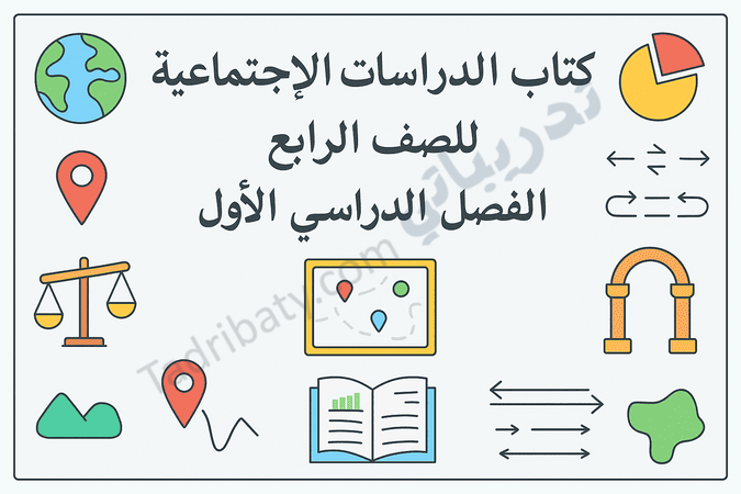 تصميم تعريفي لمقال كتاب الدراسات الاجتماعية للصف الرابع الفصل الدراسي الأول – المنهج القطري، مع رموز تعليمية للجغرافيا والتاريخ والمجتمع.